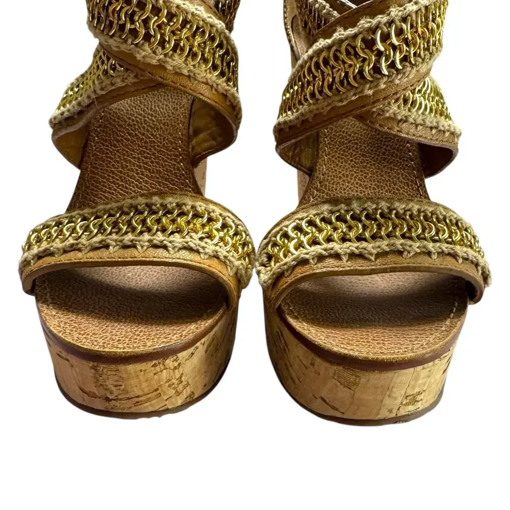 Tory Burch Lucian Tan Leather Gold Chain Strappy Wedge Sandals - Size 7 ½